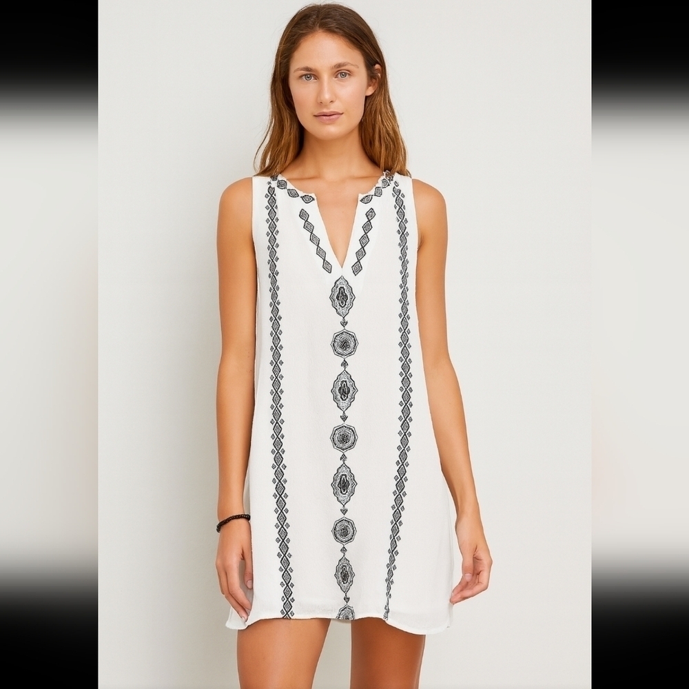 LOFT Women’s Black & White Embroidered Gauzy Boho Sleeveless Tunic Dress S